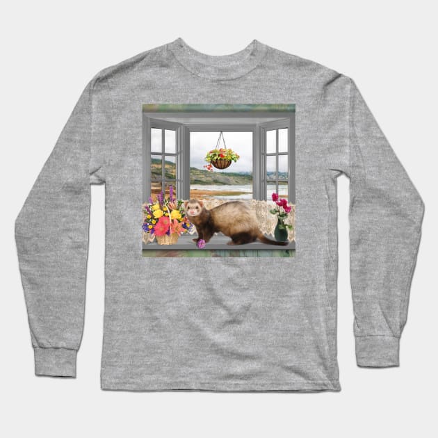 Summer Holiday Cute Ferret with flowers Art Long Sleeve T-Shirt by BarbaraGlebska